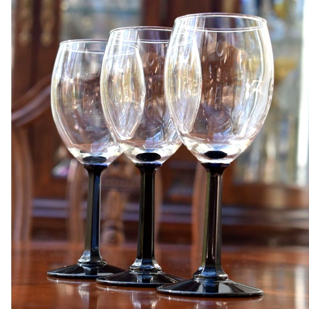 Set of 3 Black Stem Wine Glasses - Elegant Hexagon Stem Design - 6 3/4"